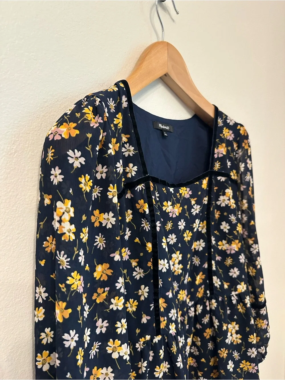 Madewell Navy Floral Peplum Top with Yellow & White Blossoms